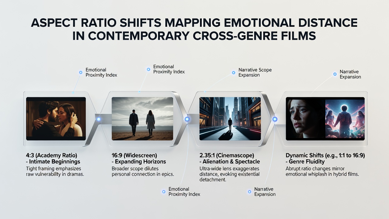Editors apply aspect ratio transitions to highlight moments of relational disconnect in ensemble cross-genre narratives