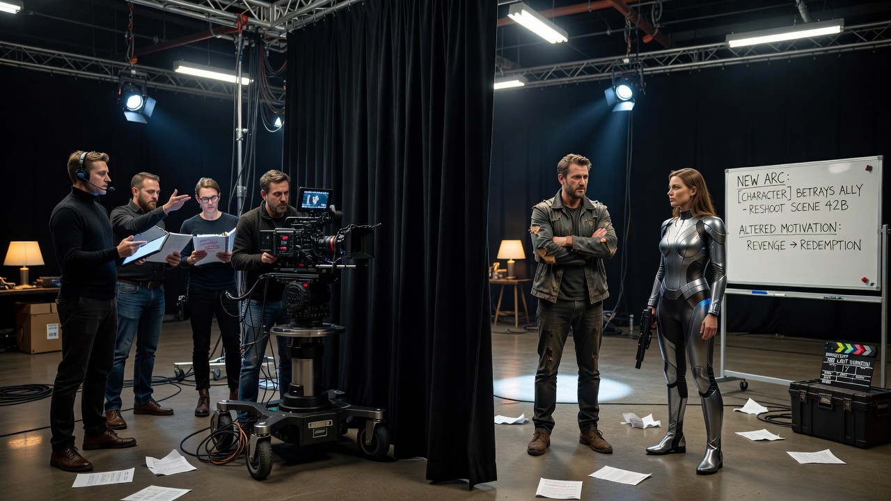 Actors and director discussing script revisions on set during a high-budget production reshoot