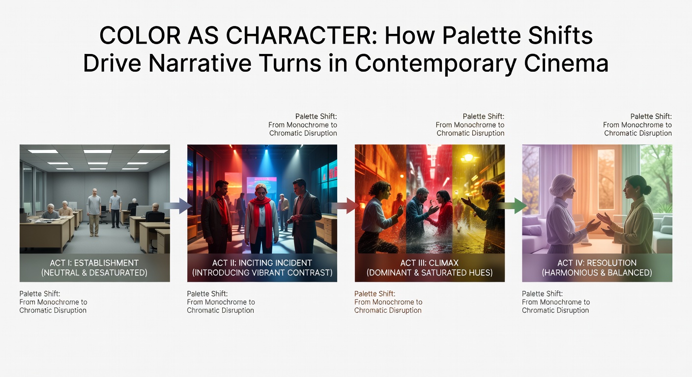 Vibrant color palette transition in a contemporary film scene showing emotional narrative shift