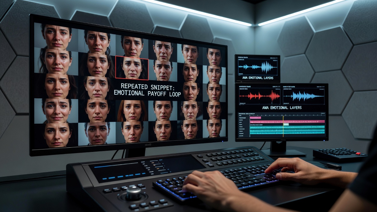 Close-up of film editor adjusting timeline with highlighted repeated footage segments on dual monitors