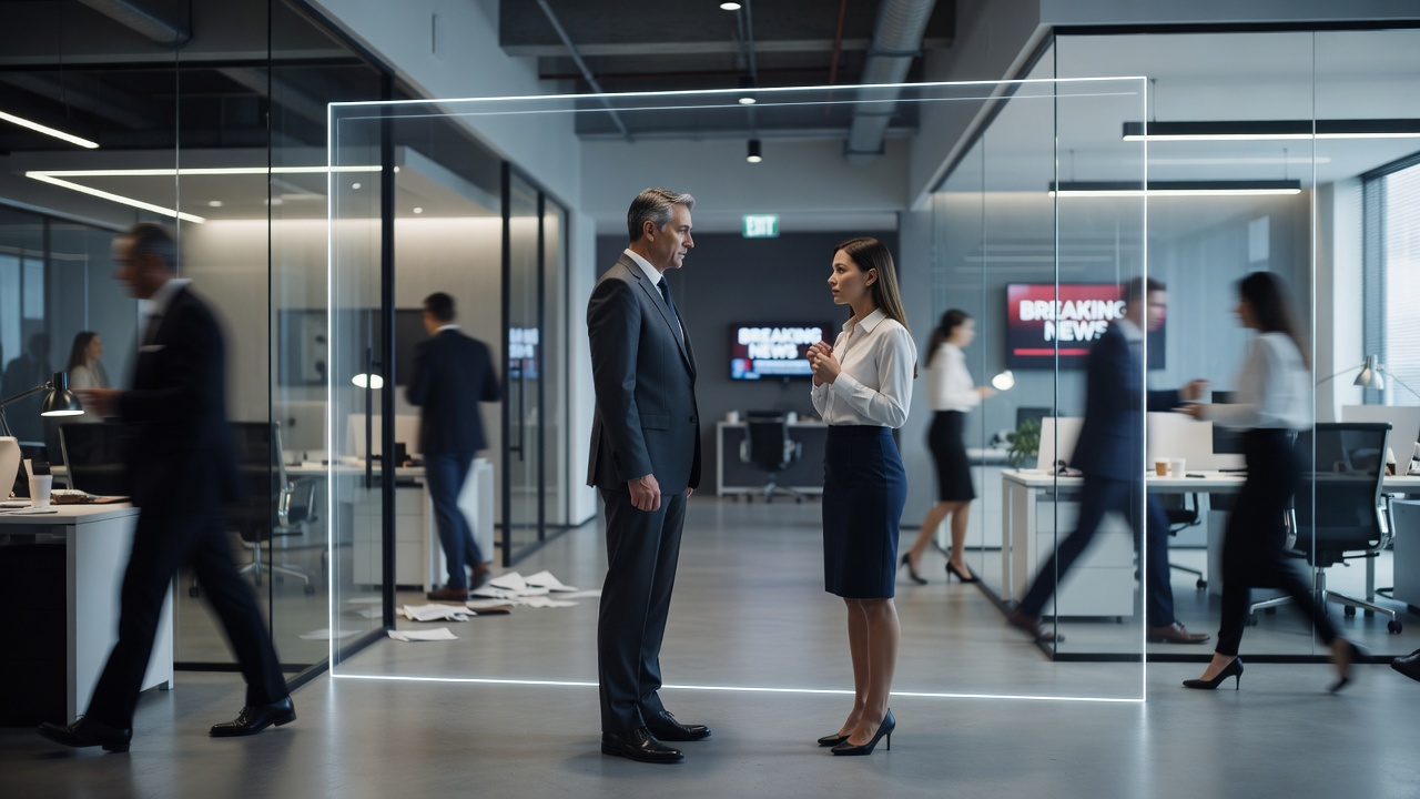 Medium close-up composition highlighting subtle body language and peripheral social cues during a tense dialogue exchange in an action-drama setting