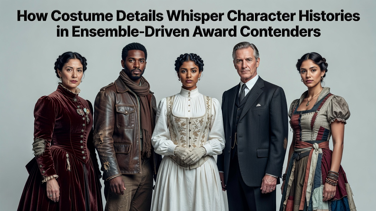 Ensemble cast members in detailed period costumes during a key scene from an award-contending film