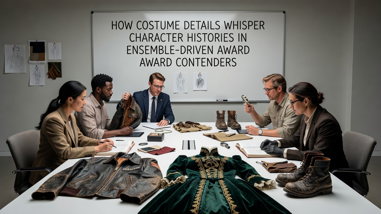 Close-up of costume details including worn fabric and symbolic accessories on characters from an ensemble award contender