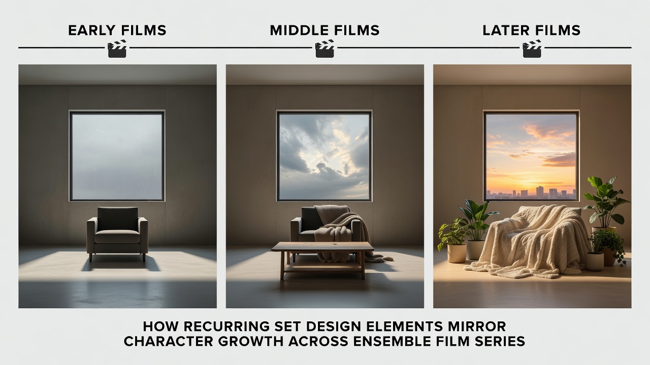 Detailed view of evolving set designs in an ensemble film series showing character growth through recurring architectural elements