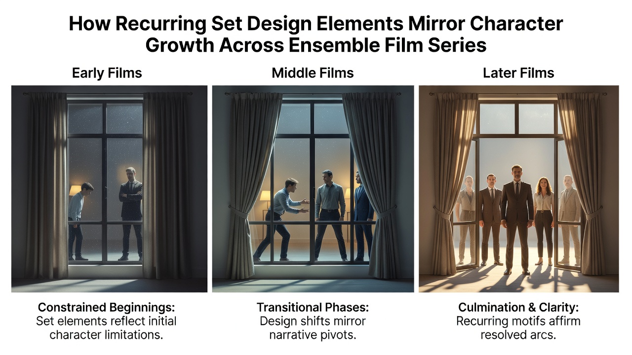 Side-by-side comparison of set design changes reflecting character development in ensemble film series