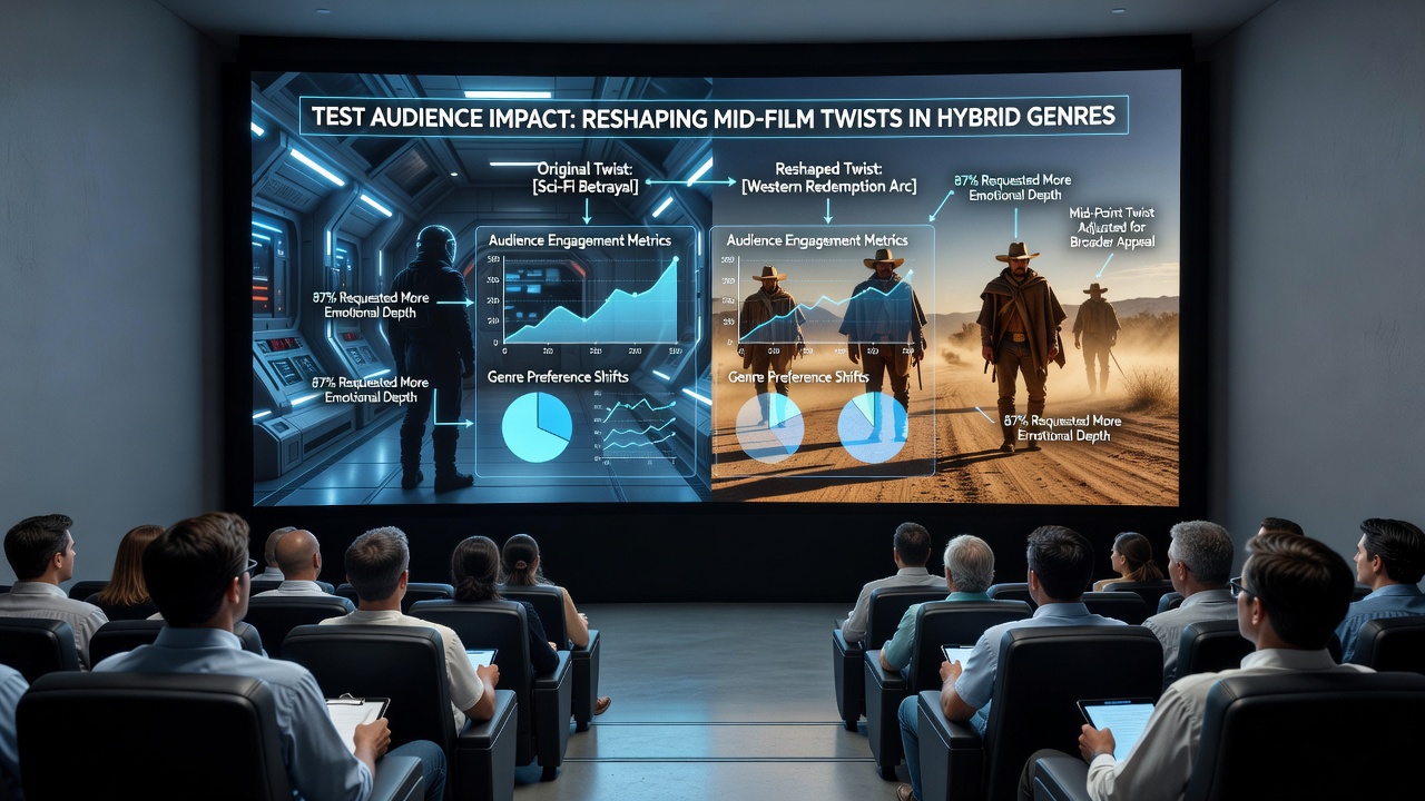 Test audience members reacting during a hybrid genre film screening in a theater