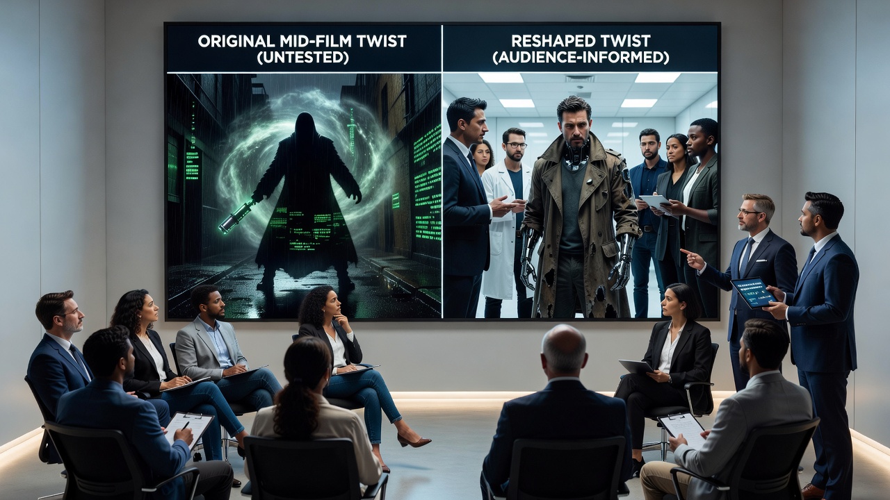 Filmmakers and editors reviewing test audience feedback cards on midpoint twists