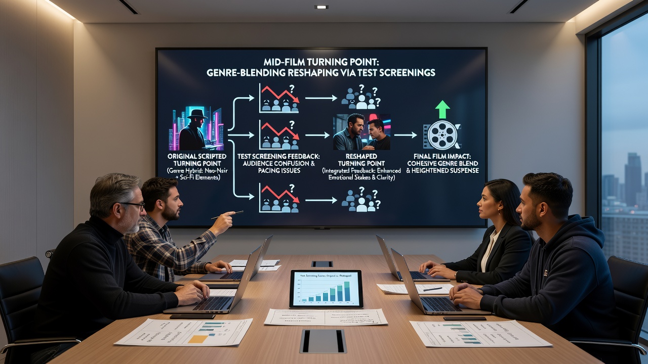Filmmakers reviewing test screening notes on a laptop during post-production