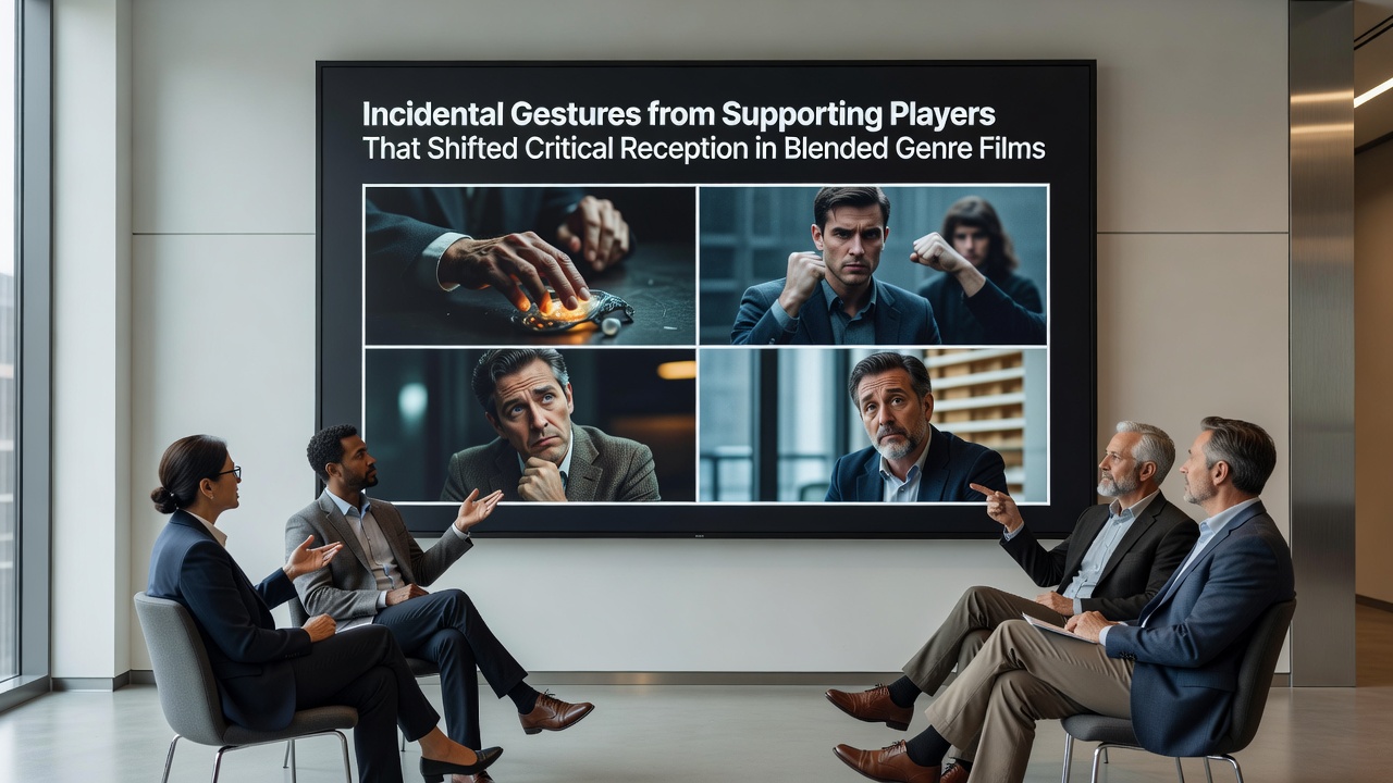 Close-up of a supporting player's incidental gesture influencing scene dynamics in a genre-blending production