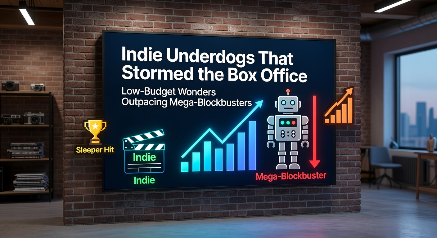 A dimly lit movie theater packed with excited audiences cheering for an indie film screening, highlighting the surprise box office success of low-budget movies