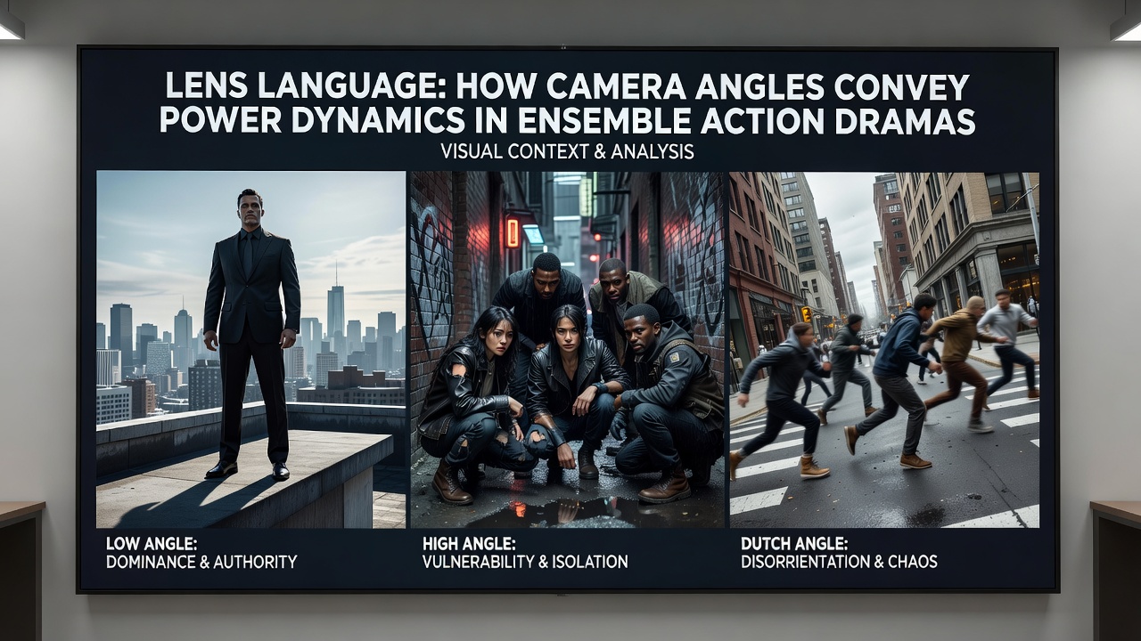 Overhead high-angle shot capturing power imbalance among ensemble cast in action sequence