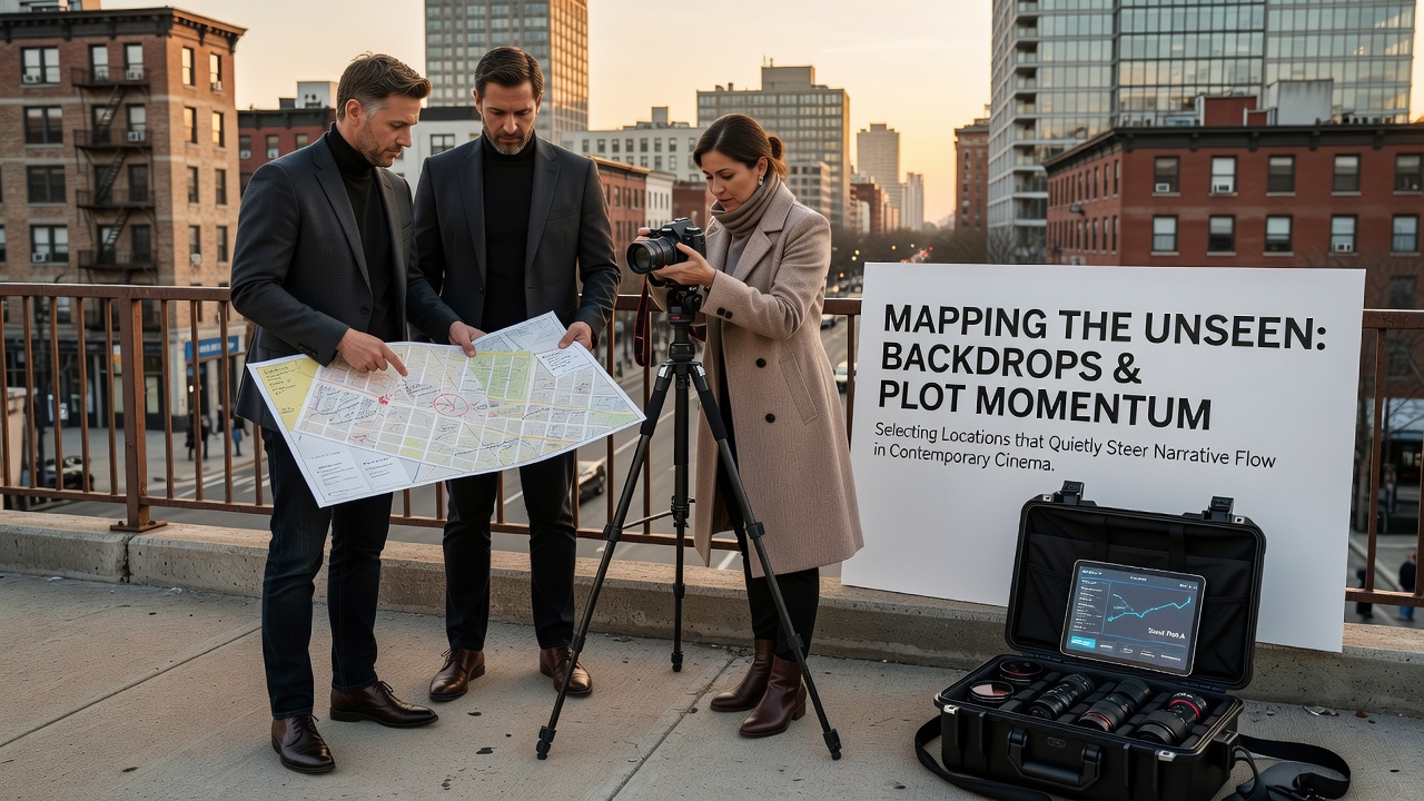 Scout reviewing aerial maps and on-site notes to match environmental textures with specific plot requirements for a character-driven sequence