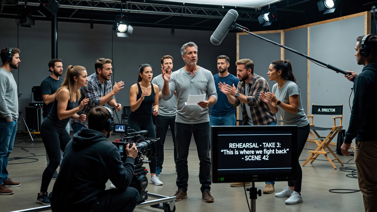 Film crew reviewing rehearsal footage on set monitors