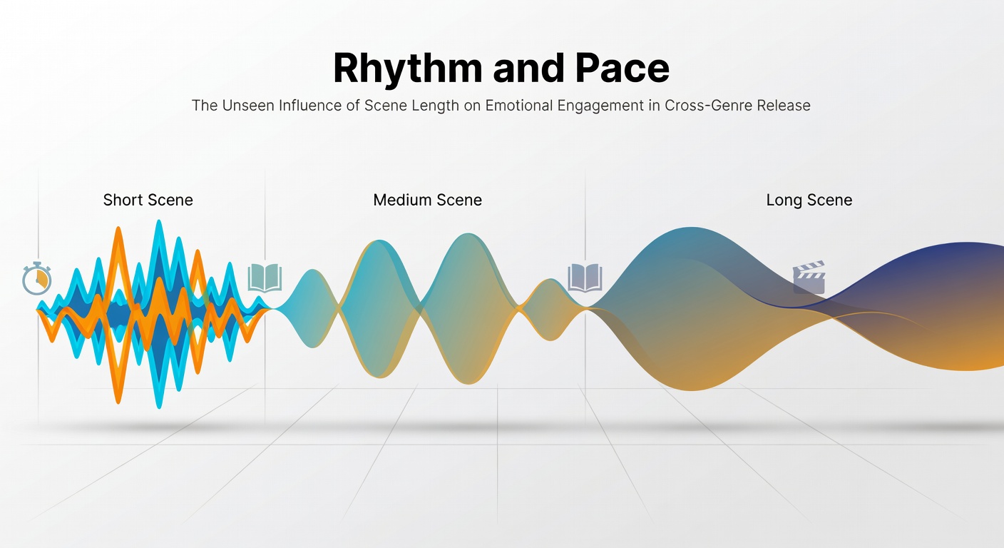 Emotional engagement metrics plotted against scene duration in genre-blending productions