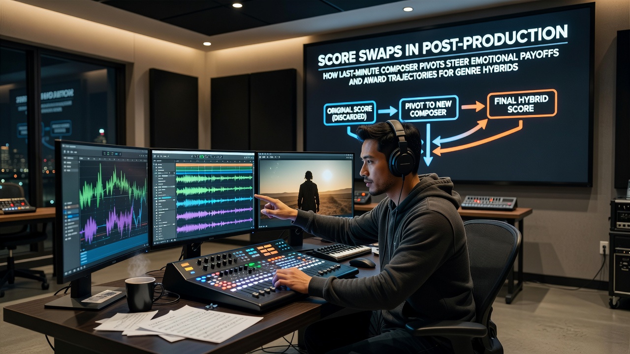 Film scoring session with orchestra and mixing console during late-stage adjustments