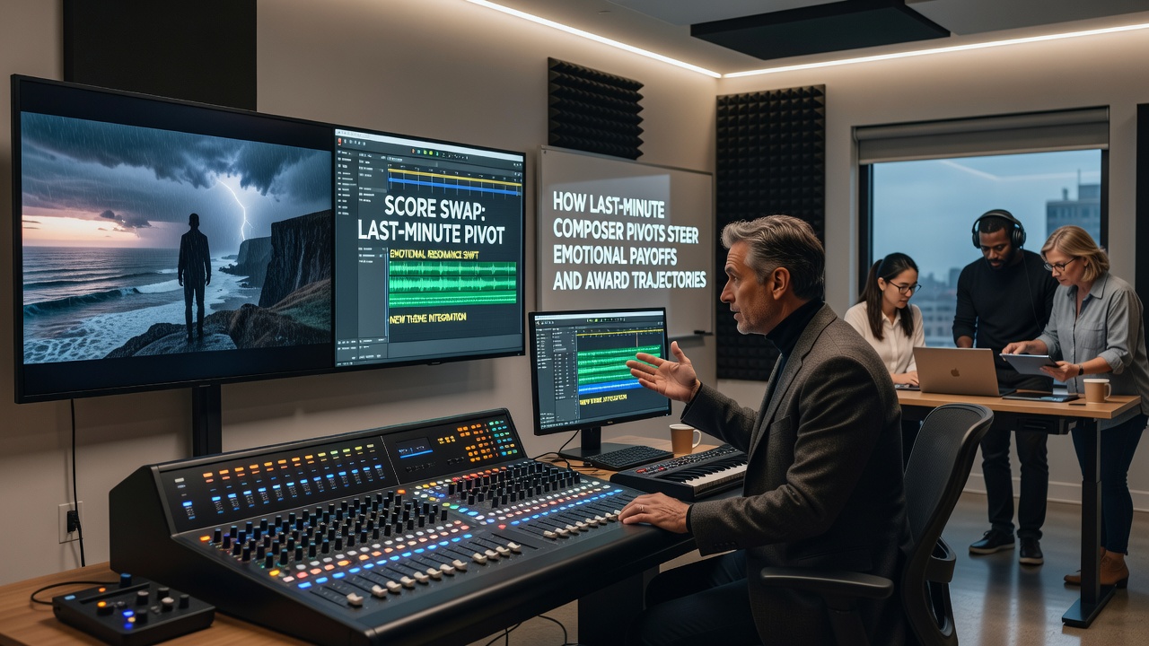 Composer reviewing cue sheets with director in a post-production suite