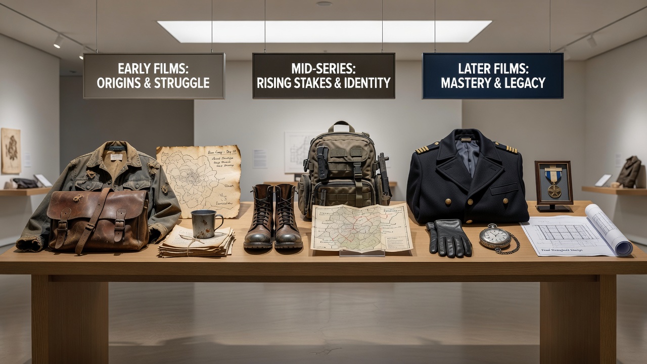 Examples of set decoration evolution tracking character arcs in multi-film series