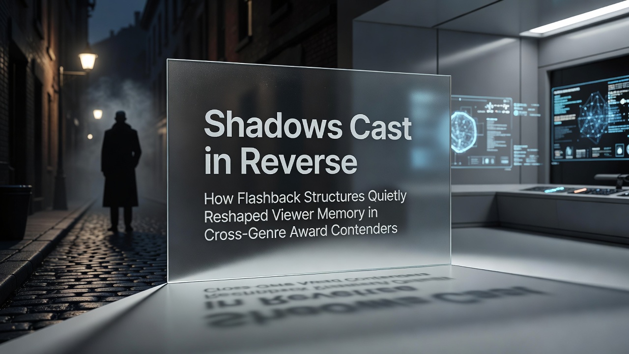 A film scene depicting a reverse flashback sequence with layered memory visuals in a cross-genre drama