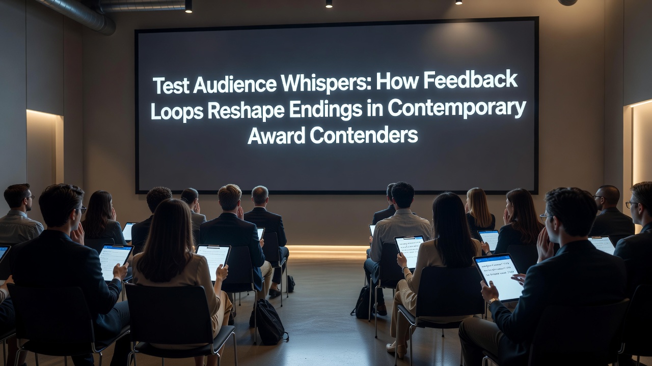 Test screening audience members jotting down notes during a preview of an award contender film