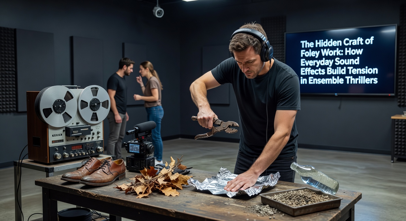 Foley artist performing sound effects on a studio stage with various props