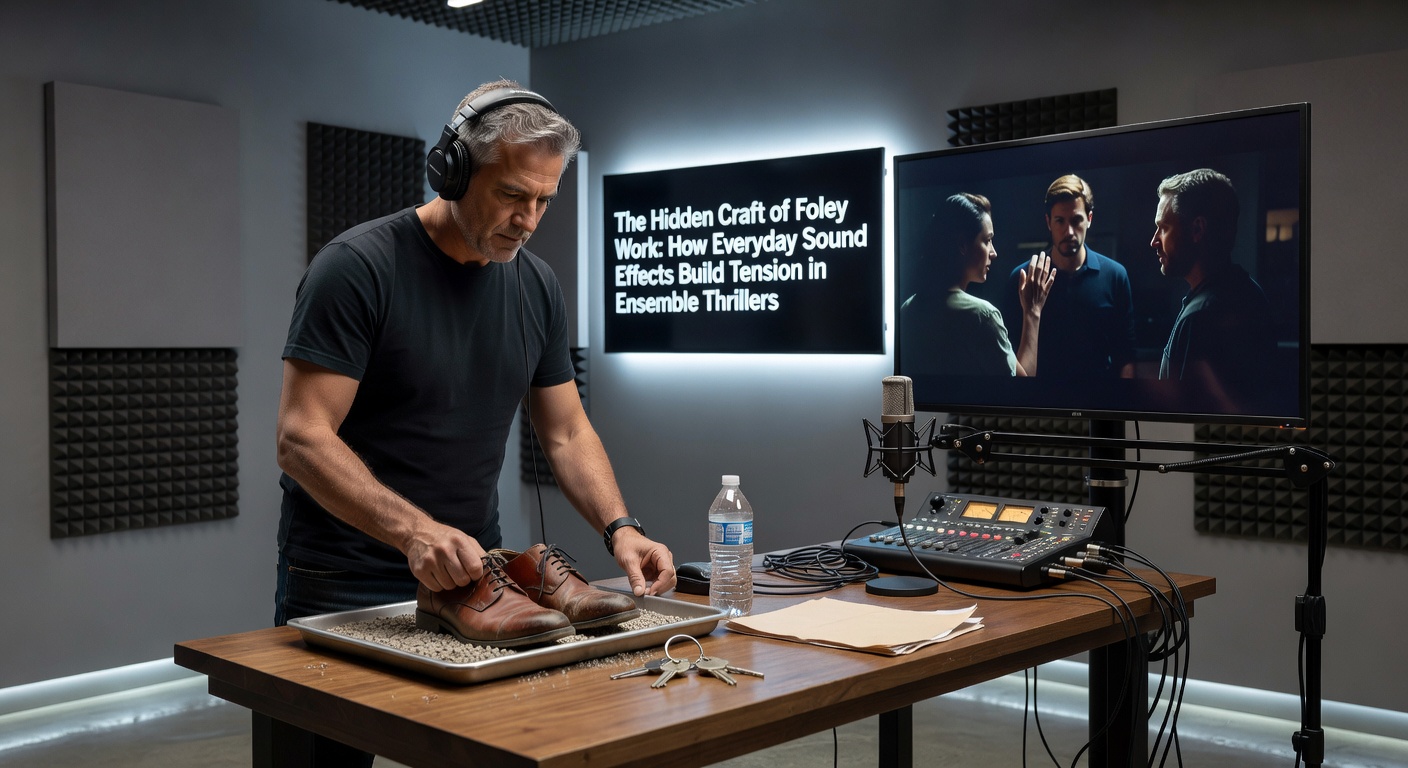 Close-up of foley props including shoes, fabric, and surfaces used for sound creation
