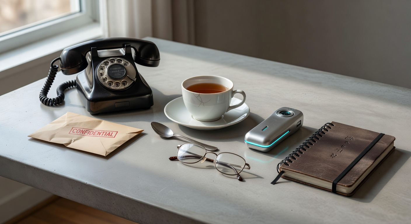 A collection of film props including a vintage briefcase, a worn leather journal, and a simple ceramic mug arranged on a wooden table under soft lighting, illustrating everyday objects used in cinema