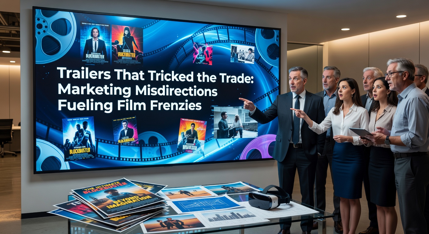 A split-screen comparison of a dramatic movie trailer scene versus the actual tame footage from the film, highlighting visual misdirection in marketing